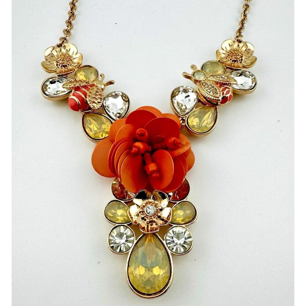 GUESS Statement Necklace Y2K Bee Orange Flower Rhinestone Gold Tone Floral